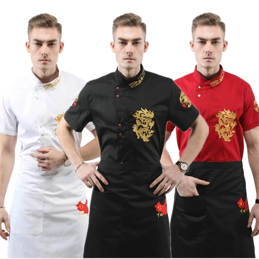 

Chef Uniforms Kitchen Restaurant Working Wear Dragon Embroidery Short Sleeve Breathable Hotal Bakery Coffee Shop Cook Jacket