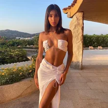 

Fashion Chic Drawstring Ruched Sexy Halter Crop Top and Midi Skirt Women Two Piece Sets Club Party Outfits Matching Set 2022 New