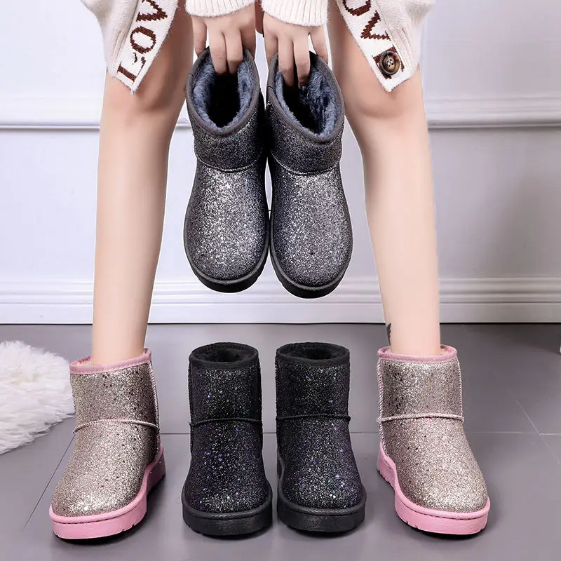 Snow Boots Women Winter Flat Shoes Female Sequined Cloth Ankle Boots
Warm Plush Ankle Boot Round Toe Antiskid Black Pink Grey