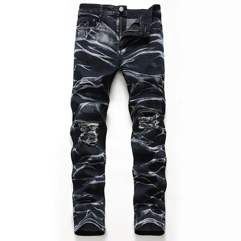 

2D New Men's jeans Europe and the United States cross-border trade large straight leg pants tie-dye holes jeans