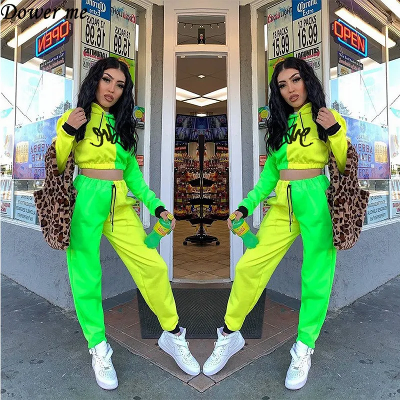

Dower Me Casual Hooded Full Sleeve Short Two Piece Set Crop Tops Contrast Color Elastic Waist Long Trousers Women Suits NZ190