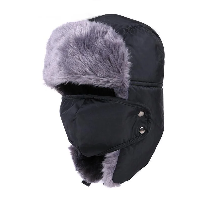 

Bomber Hats Winter Men Warm Russian Ushanka Hat with Ear Flap Pu Leather Fur Trapper Cap Earflap