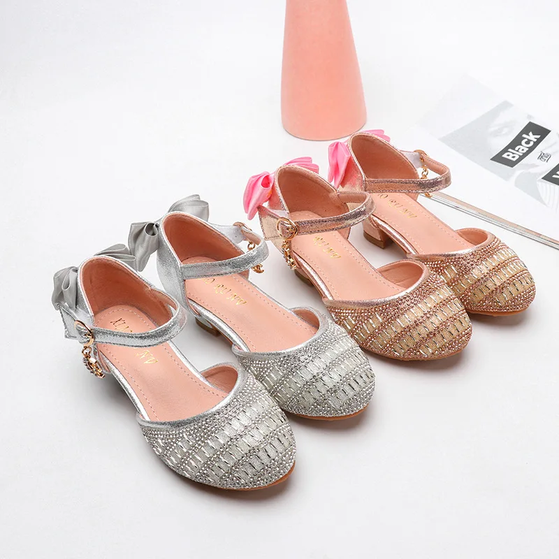ULKNN Children Bowtie Rhinestone Fashion Sequins Leather Sandals Princess Girls Kids Soft Bottom 3 4 5 6 7 8 9 10 11 12 Years