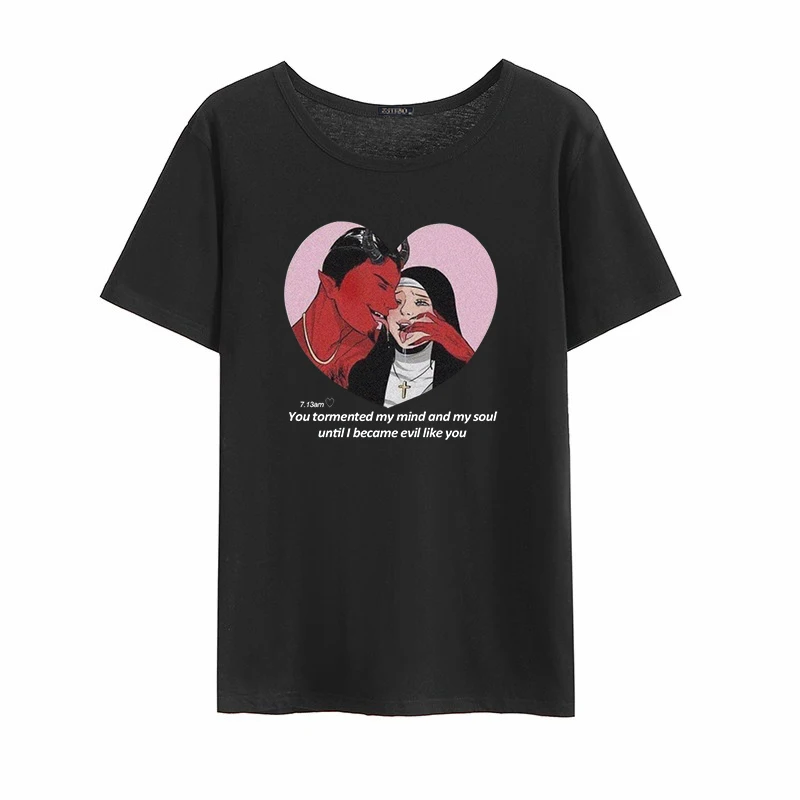 01 Harajuku/Новинка; летние свободные топы с короткими рукавами и надписью «Devil»; футболки с героями мультфильмов; Повседневная Женская Винтажная Футболка Ulzzang в стиле панк - Цвет: 01