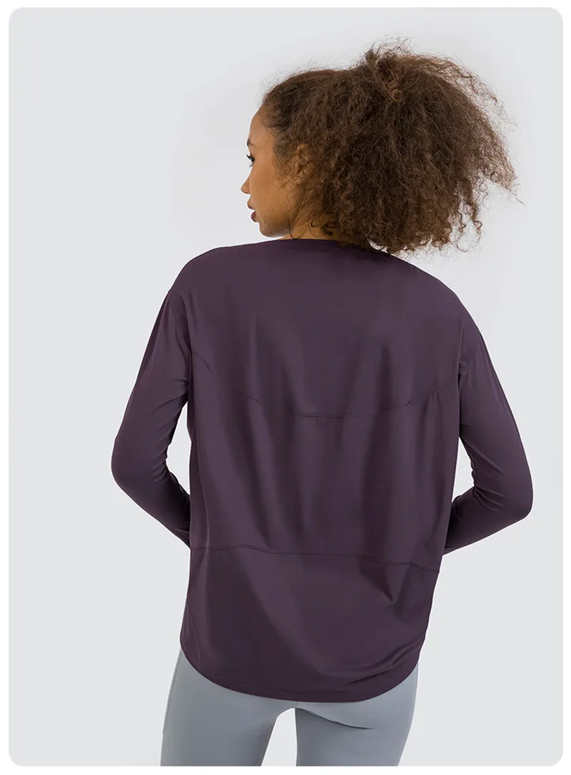 Lulu Fitness Women Long Sleeve Yoga Shirt Female Sport Yoga Top Slim Gym Clothing Solid Color Loose Casual Plus Size Breathable