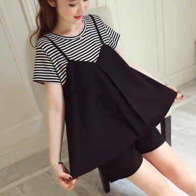 

Maternity Clothes 2019 Summer New Style Korean-style Stripes Short-sleeved Top + Abdominal Support Shorts Two-Piece Set Pregnant