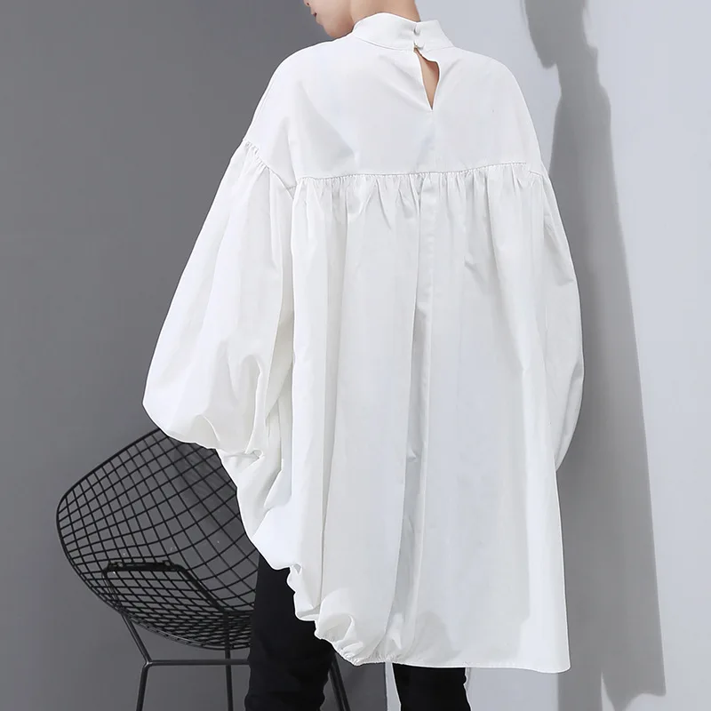  [EAM] Women Back Long Drawstring Big Size Blouse New Satnd Collar Long Sleeve Loose Fit Shirt Fashi