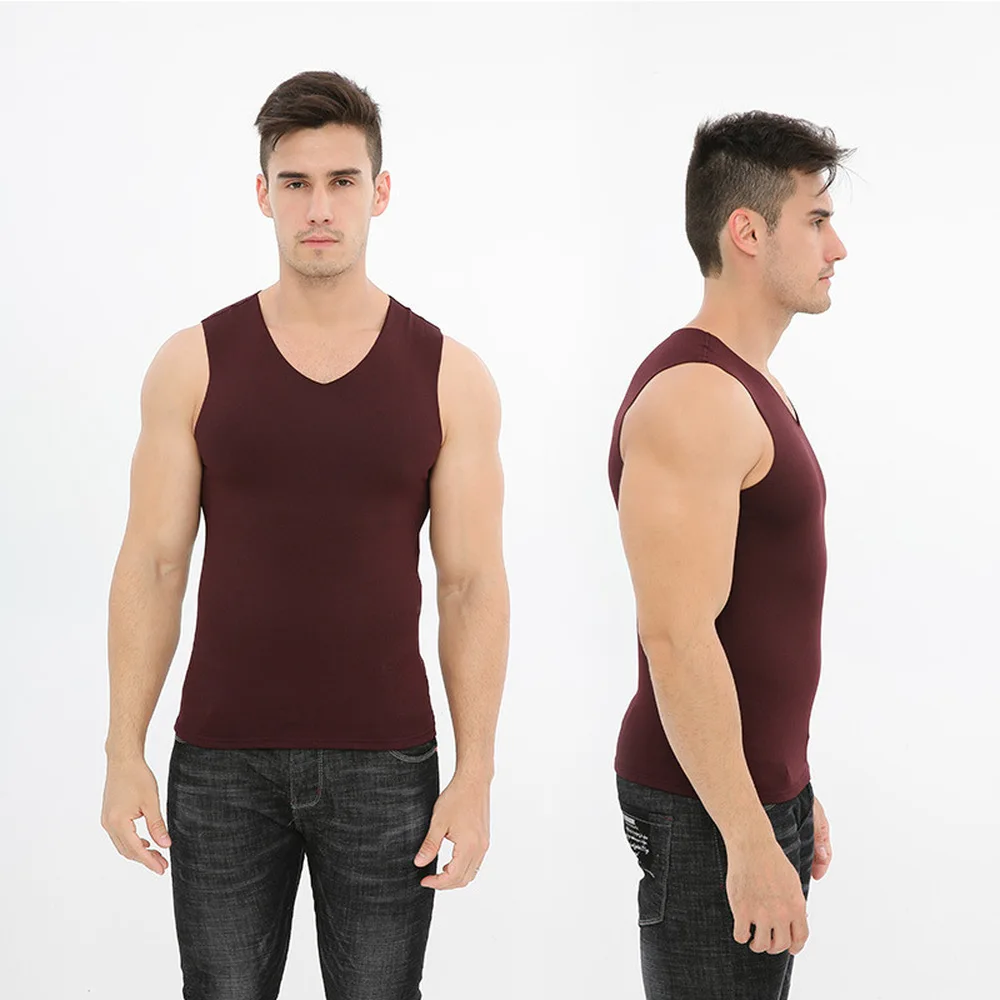 Men's Seamless Warm Vest Winter Men's Slim Version Plus Long Plush Hot Bottom Men's Vest Stickers V-neck - Цвет: Wine red