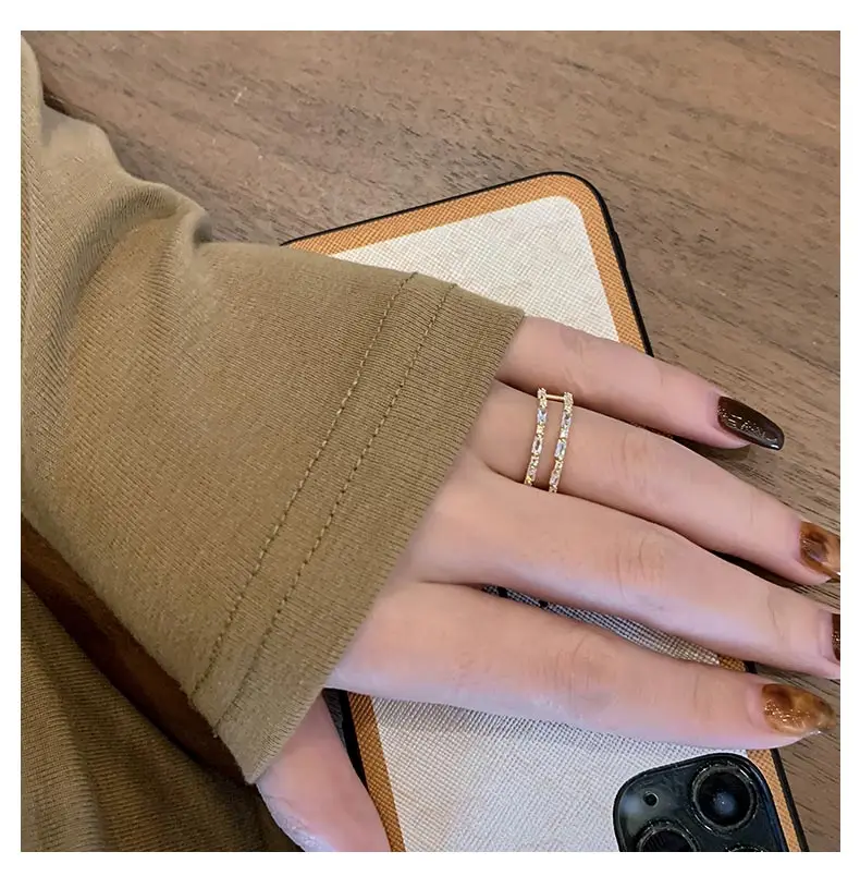 New Classic Zircon Gold Color Double Layer Open Rings For Womens South Korea Fashion Jewelry Gothic Party Girls' Luxury Ring Set