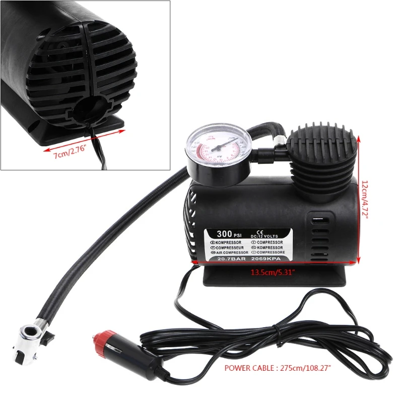 300 PSI 12V Car Portable Mini Air Compressor Electric Tire Inflator Pump w/Gauge