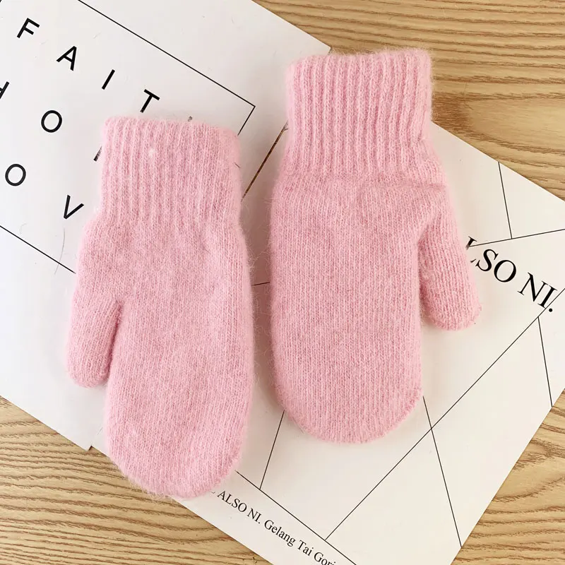 pink Двухслойные перчатки из кроличьей шерсти, женские зимние корейские однотонные перчатки на все пальцы, зимние женские перчатки, варежки для девочек - Цвет: pink
