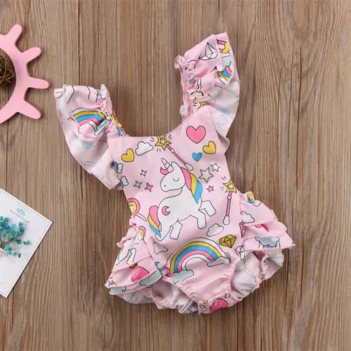Для новорожденных с открытой спиной для маленьких девочек Единорог милый мультфильм цельные купальные костюмы купальники бикини купальники для девочек
