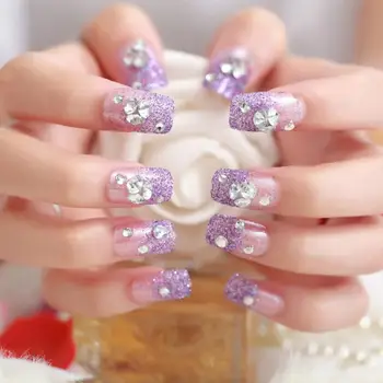 

24 Pcs Purple Glitter Rhinestone False Nail Bride Party Artificial Nails Double Sided Tape Wedding Accessories Nail Art Tips