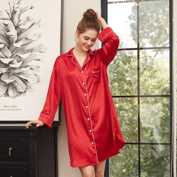 

Spring and Summer Silk Pajama Skirt Red Bride Can Wear Long Outer Shirt Sexy Pajamas Home Dress Female