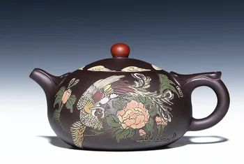 

China Yixing Zisha Pottery 300cc Purple Clay Handmade Phoenix Tree Peony Teapot