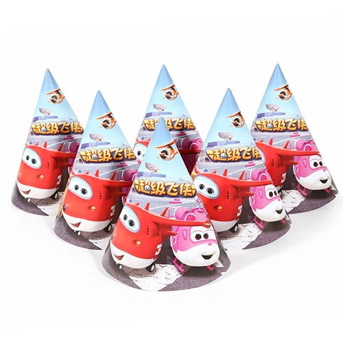 High Quality super wings Paper Flag/Plate/Hat Party decoration Foil balloons Baby Happy Birthday event party supplies for kids - Цвет: Cap 6pcs