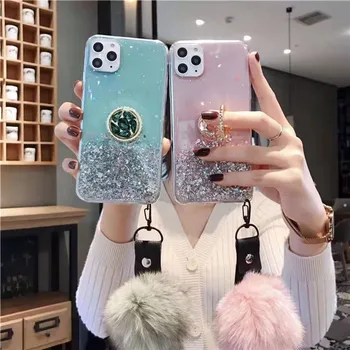 

Epoxy Goud Folie Telefoon Case Voor Iphone 11 PRO MAX XS XR XS MAX 6 6S 7 8 PLUS Met Ring Houder Lanyard Cover Couqe Capa Fundas