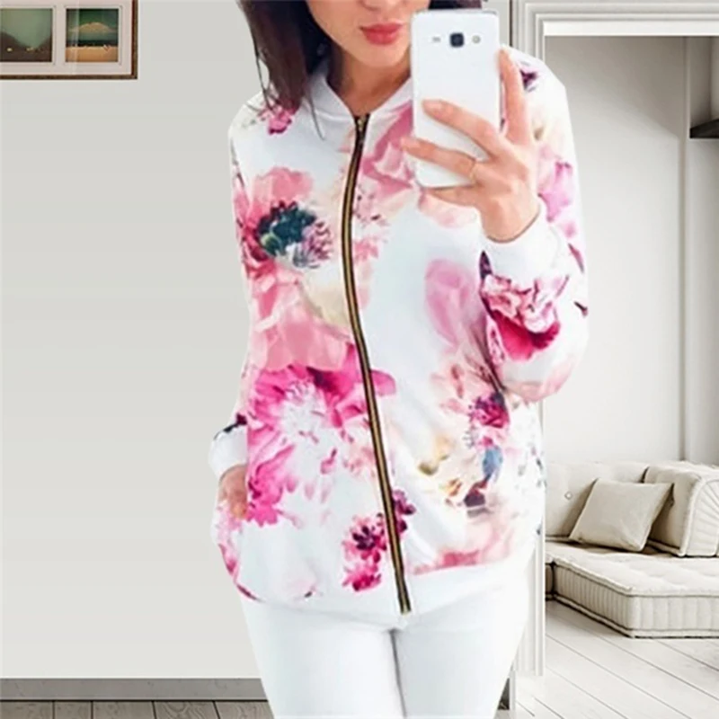 

Spring Womens Floral Zip Up Jacket Autumn Ladies Casual Long Sleeve Baseball Jacket Outwear Femme Multicolor Plus Size Coat 2019