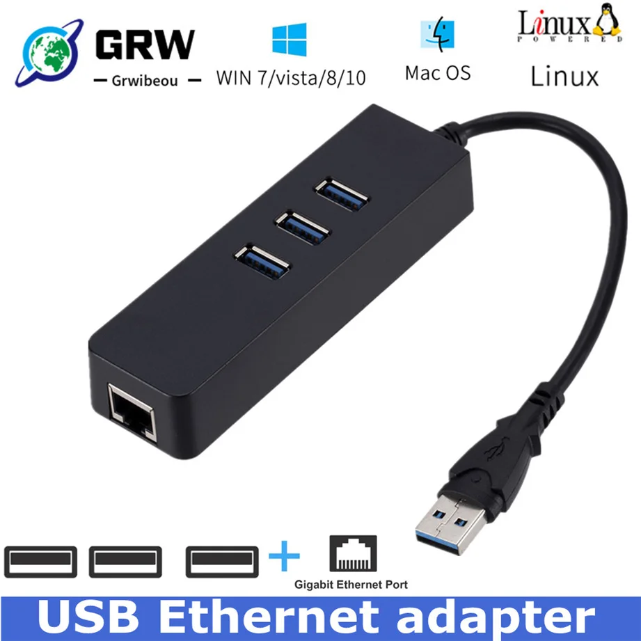 Адаптер USB Gigabit Ethernet с 3 портами 0 хаб на сетевую карту Rj45 Lan для Macbook Mac Desktop + Кабель