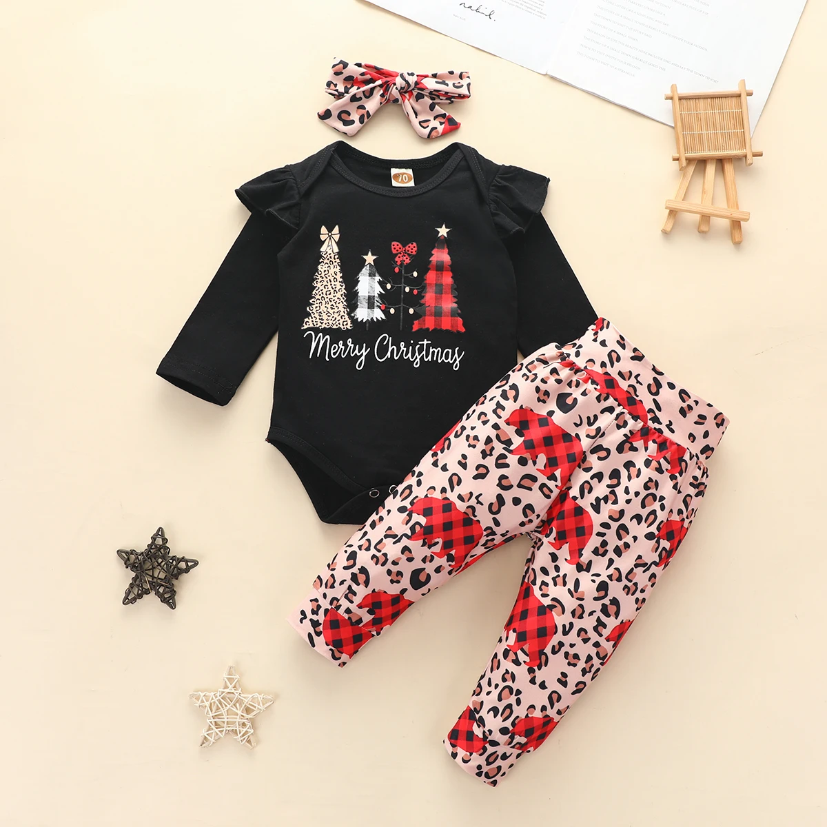 

2020 Christmas Toddler Baby Girl Clothes Outfit Letter Print Autumn Long Sleeve 3PCS Bodysuit Leopard Print Pants Headwear