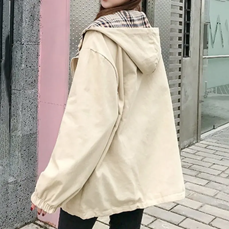 Harajuku, консервативный стиль, клетчатое пальто с капюшоном, для женщин, на молнии, черная Перемычка Hoody, две стороны, одежда, пальто, верхняя одежда, осень, куртка большого размера