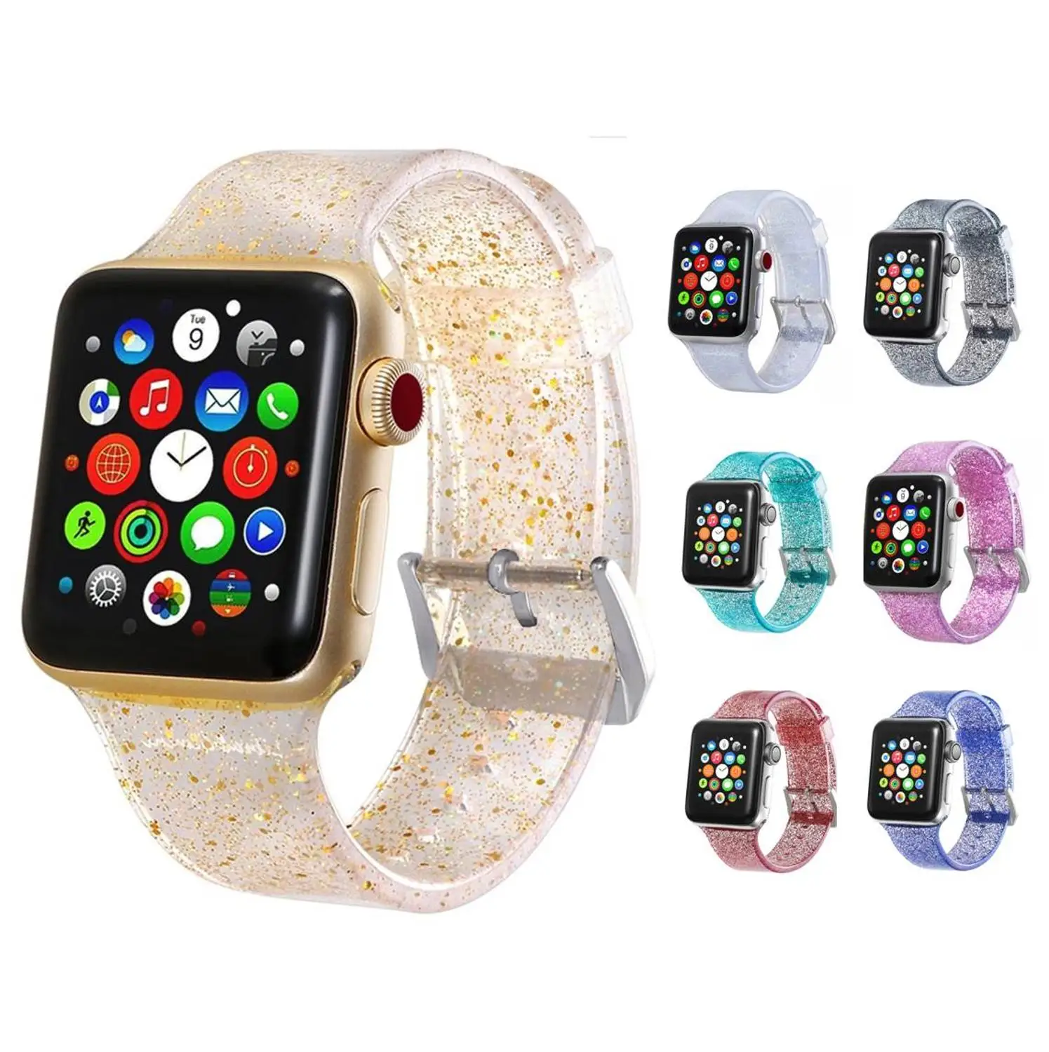 Серебристый/золотистый ремешок блестящий Блестящий для часов Apple Watch 5 4 3 2 1 ширина