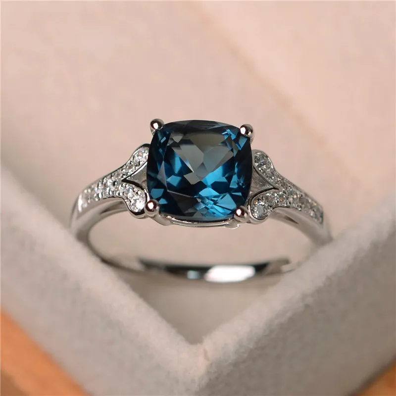 Винтаж женский темно-синий сапфир драгоценный камень кольцо реальные 925 пробы серебро Обручение кольцо модные обручальные кольца для пальцев для Для женщин