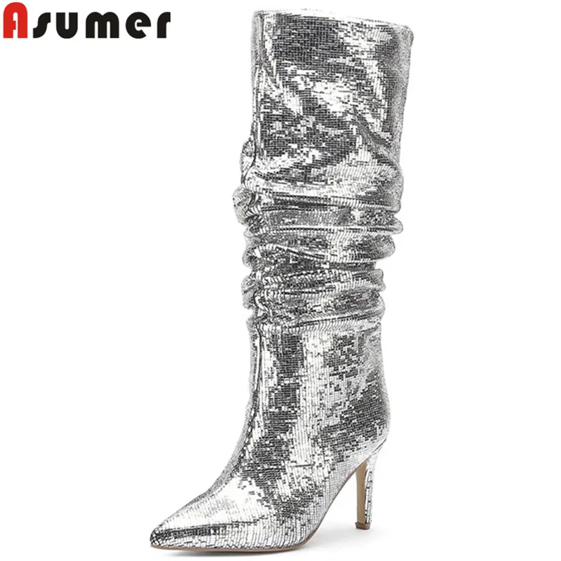 ASUMER new mid calf boots women pointed toe slip on classic ladies prom boots high heels wrinkle autumn winter boots