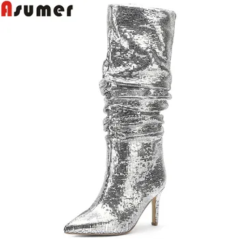 

ASUMER 2020 new mid calf boots women pointed toe slip on classic ladies prom boots high heels wrinkle autumn winter boots