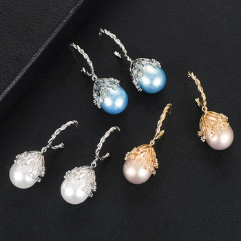 

Jimbora Gorgeous Dangle Pearl Drop Earrings Full Mirco Paved Cubic Zircon Wedding Earring Luxury Baguette CZ Luxury Earrings