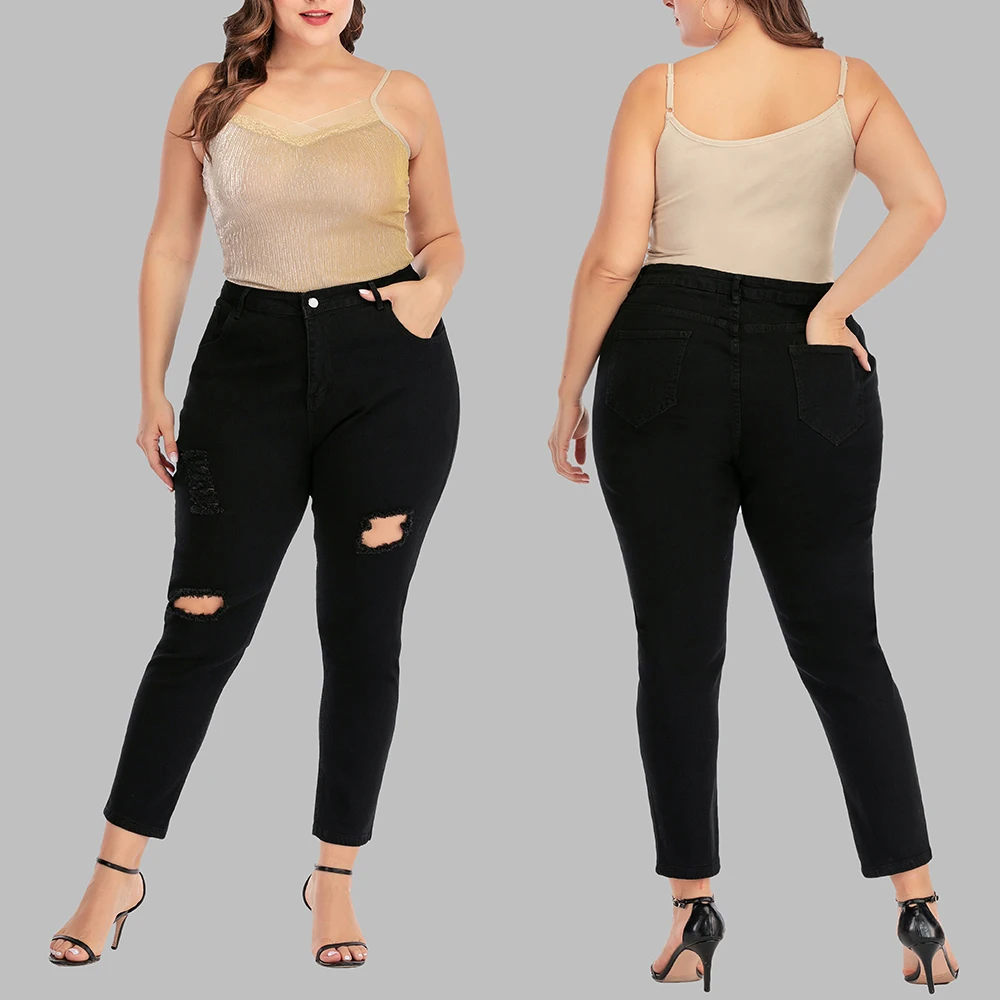 Женские брюки размера плюс 4XL, черные джинсы, брюки с дырками, простой стиль, средняя талия, обтягивающие брюки, женские повседневные брюки D25