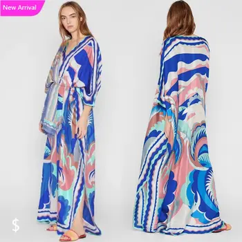 

Autumn 2020 Floor Length Over Size Print V Collar Silk Knit Elastic Wild New Autumn Fashion Dress Women's Casual Clothing