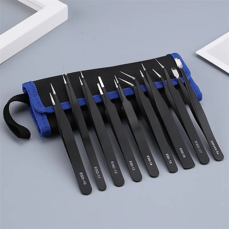 

9Pcs Tweezers Anti-static Curved Straight Tip Precision Stainless Steel For Picking Up Gems Forceps Phone Repair Hand Tools Set