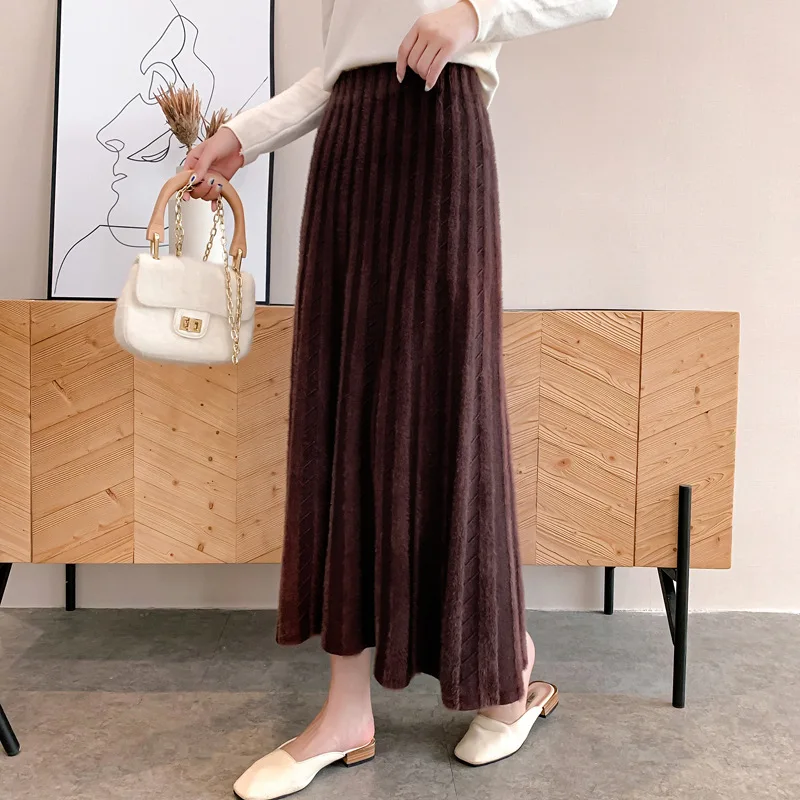 Женская 19FW linecasual Длинная с высокой талией ампир полосатый вязаный свитер юбка