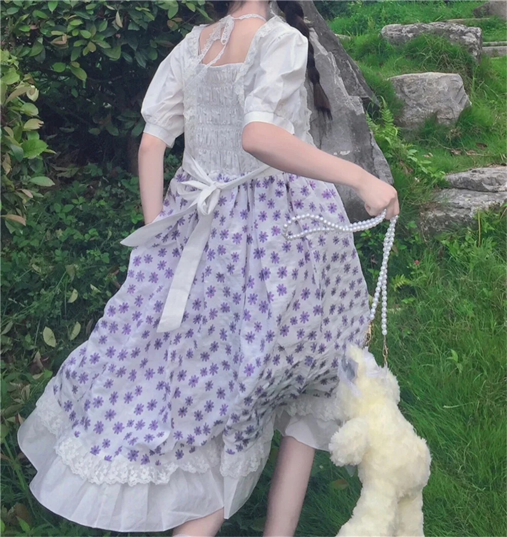 Japanese Sweet Kawaii Cute Lolita Style Women Dress Summer Soft Girly Square Collar Puff Sleeve Floral Printed Lady Dress Female