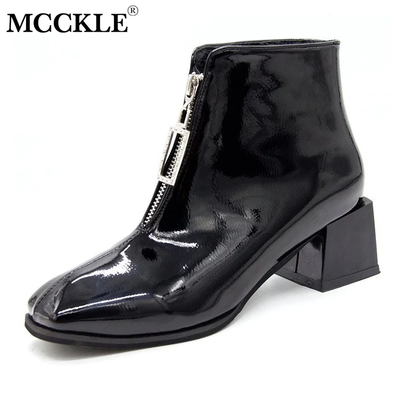 

MCCKLE Winter Women Boots Black Patent Leather Block Heels Ankle Boots Woman Shoes Ladies Warm Plush Zipper Botas Mujer Footwear
