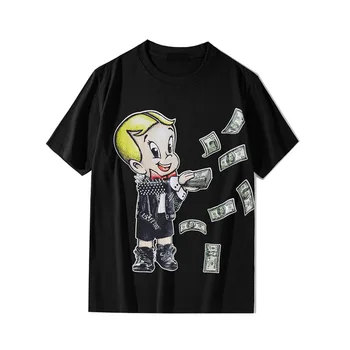 

European and American style 2020 summer round collar T-shirt men's cartoon bear dollar print cotton short sleeve T-shirt