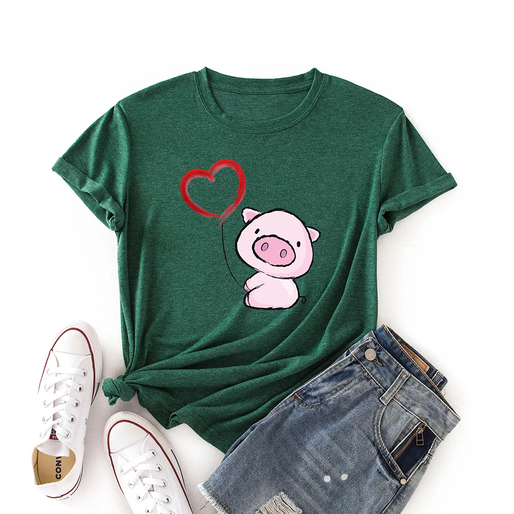 Woman Short Sleeve Colored  Graphic Tees Summer T-Shirt Female Tops Shirts for Women Cute Animal Piggy Love Heart Pig Top vintage t shirts