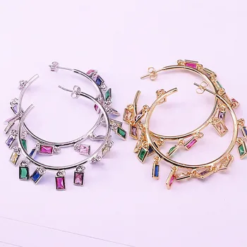 

2Pair Gold/Silver Color Circle Shape Big Jewelry Earrings Fashion Multicolor CZ Micro Pave Charms Geometric Earring For Women