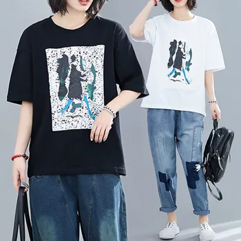 

BIG SIZE Summer Women Fashion Elegant Print Cotton Tops Tee Ladies Female Plus Large Short Sleeve Loose T shirt Femme Blusas