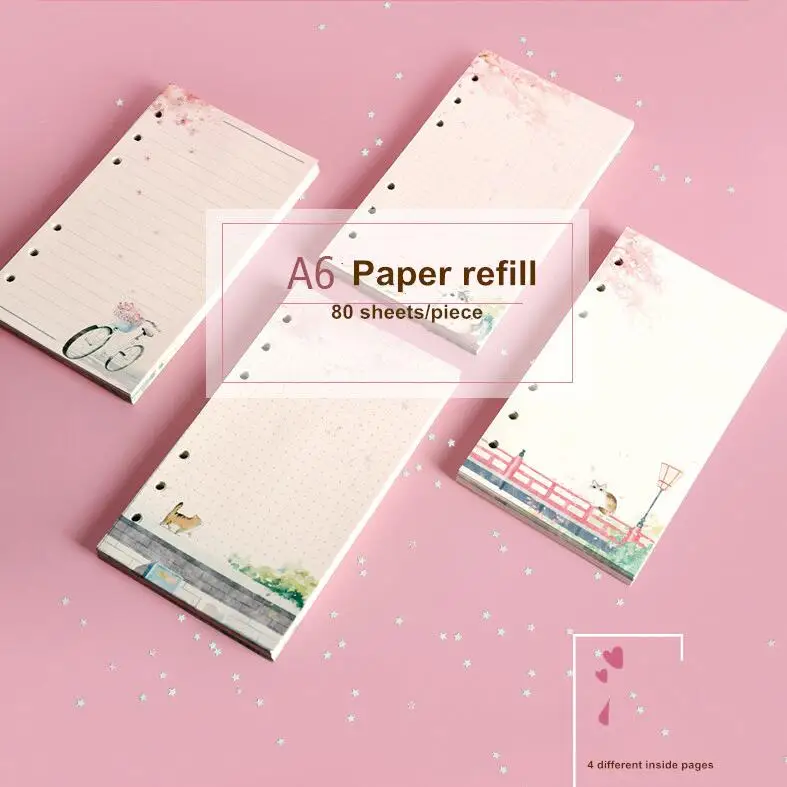 Sharkbang nueva 80 hojas Kawaii Sakura y gato A6 suelto hoja de recambio de cuaderno de espiral Binder páginas línea rejilla en blanco del programa