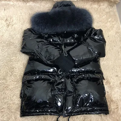 Зимнее женское пальто из белой утки, большой воротник из натурального меха енота, с капюшоном, свободное, глянцевое, из лакированной кожи, зимняя одежда, водонепроницаемая