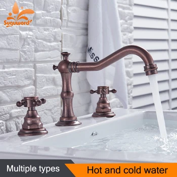 

Suguword Roman Copper Basin Sink Faucet 3 Holes Double Plum Hand Wheel Hot And Cold Faucet Europen Style Widerspread Crane torne