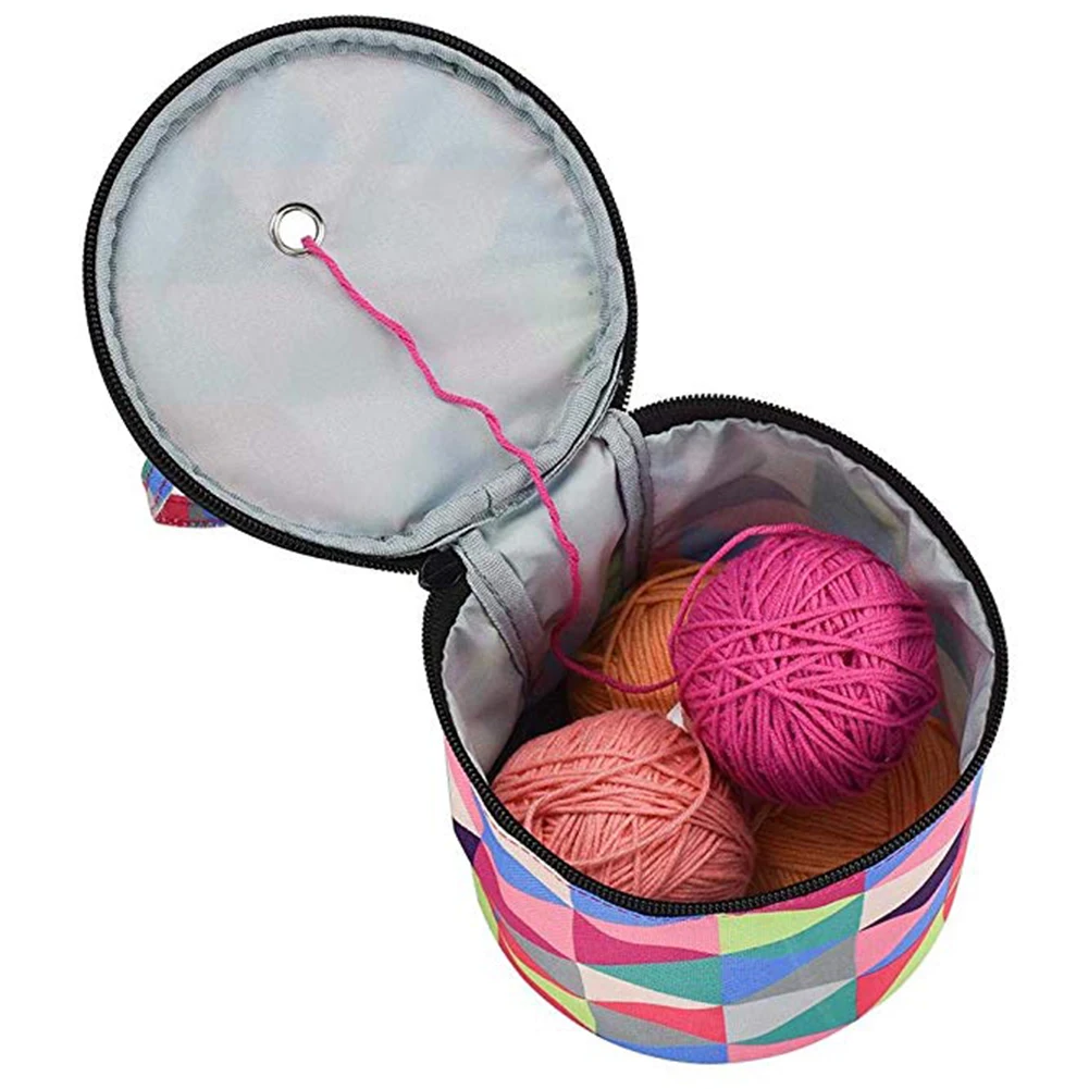Home Zipper Closure Printed Cloth Crochet Tote Yarn Storage Cylinder DIY Craft Organizer Weaving Portable Practical Knitting Bag