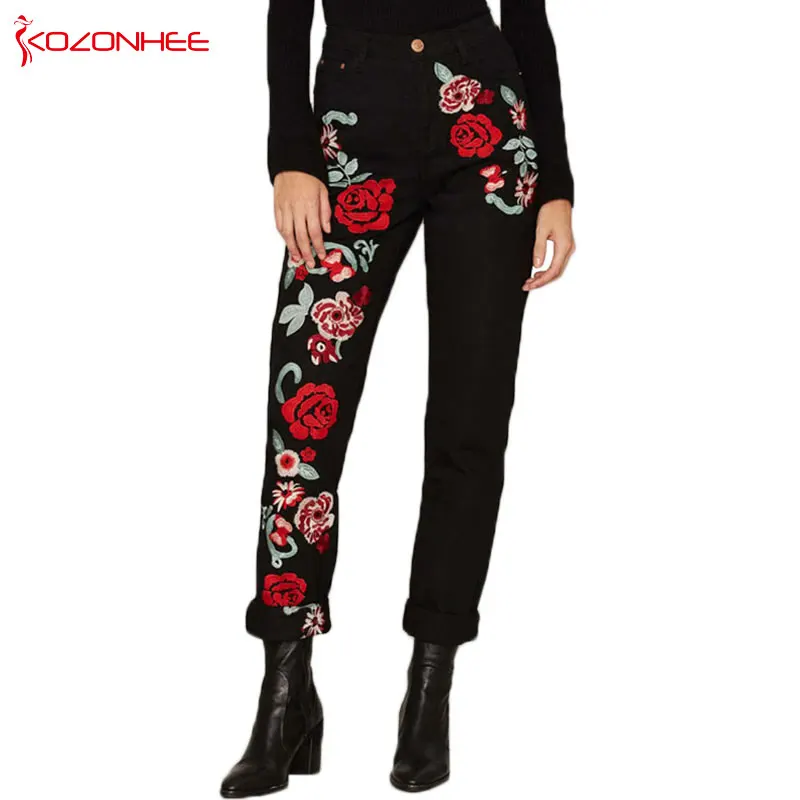 Women Black Straight High Roses Jeans With Embroidery Pencils Blue Denim Pants Casual Fashion Jeans For Girls - Jeans - AliExpress