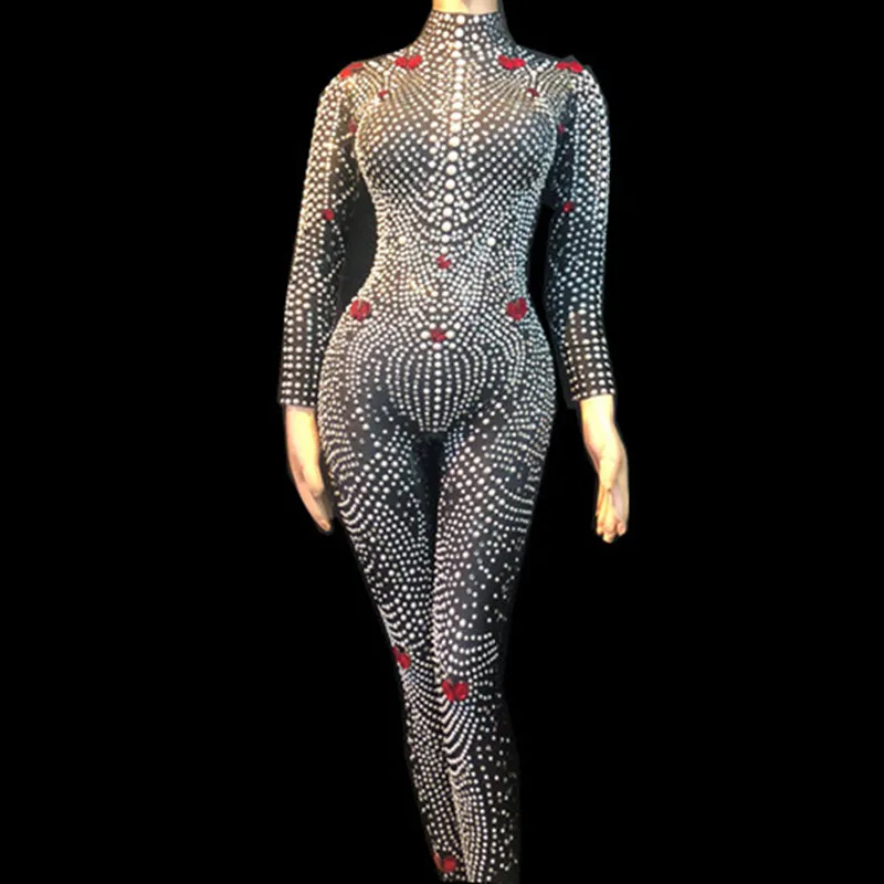 Nightclub Party Elastic Tights Rhinestone Jumpsuits Women Pearls Bodysuit Singer Performance Clothing Showgirl Ds Dance Outfits | Женская