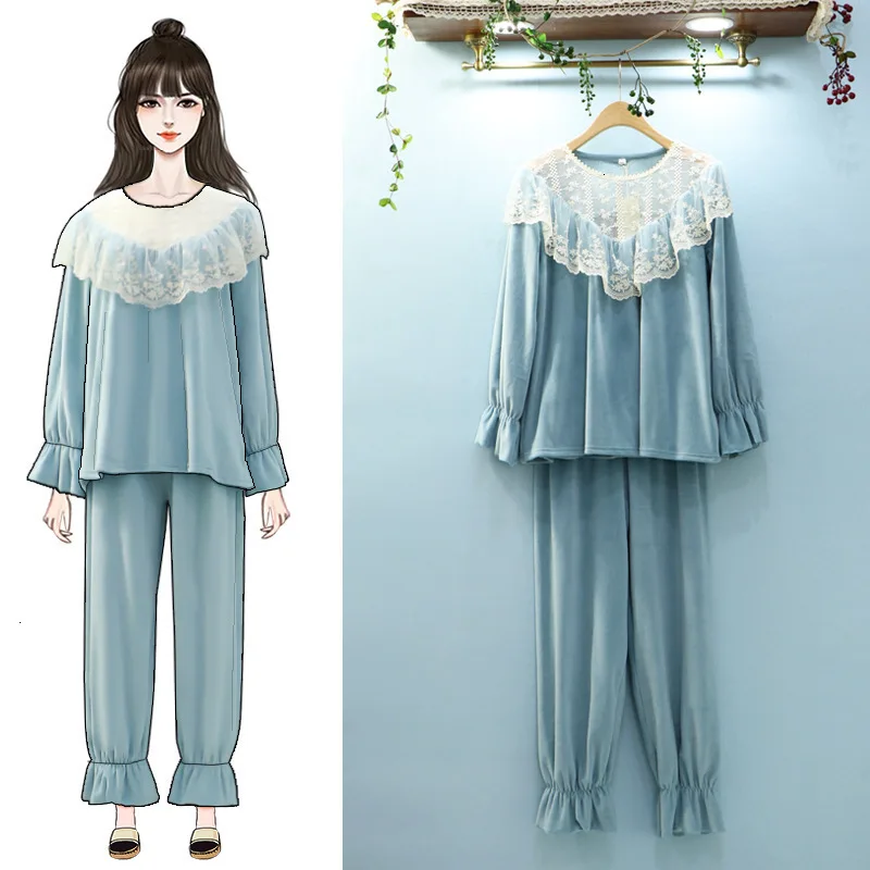 

SP&CITY High Quanlity Patchwork Lace Pajamas Female Winter Ruffles Cuff Women's Warm Pajamas Home Clothing Sleepwear Lingerie