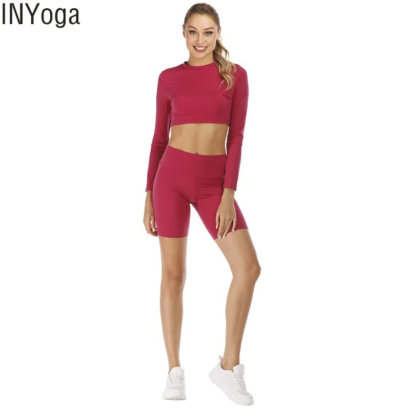 

Europe And America New Style LULU Bare Sense Solid Color Long-sleeve Yoga Shirt High-waisted Buttock Lifting Sports Shorts Two-P