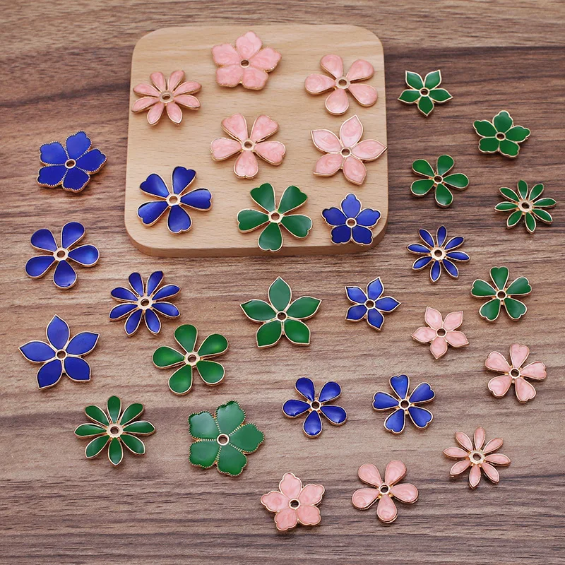 10pcs Metal Enamel Flower Beads Caps Blue Green Pink Filigree Flower Base Charms Pendants for Jewelry Making Components DIY