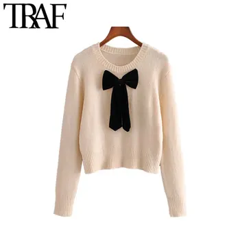 

TRAF Women Vintage Sweet Short Style Bow Tie Knitted Sweater Fashion O Neck Long Sleeve Stretchy Female Pullovers Chic Tops